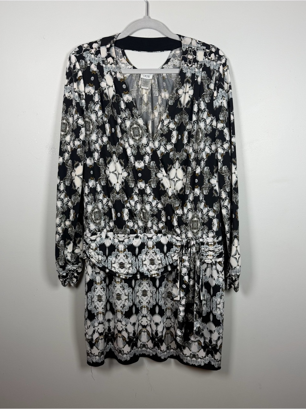 Cache Black White Scarf Print Ruched Faux Wrap Drop Waist Dress Y2K Party Large